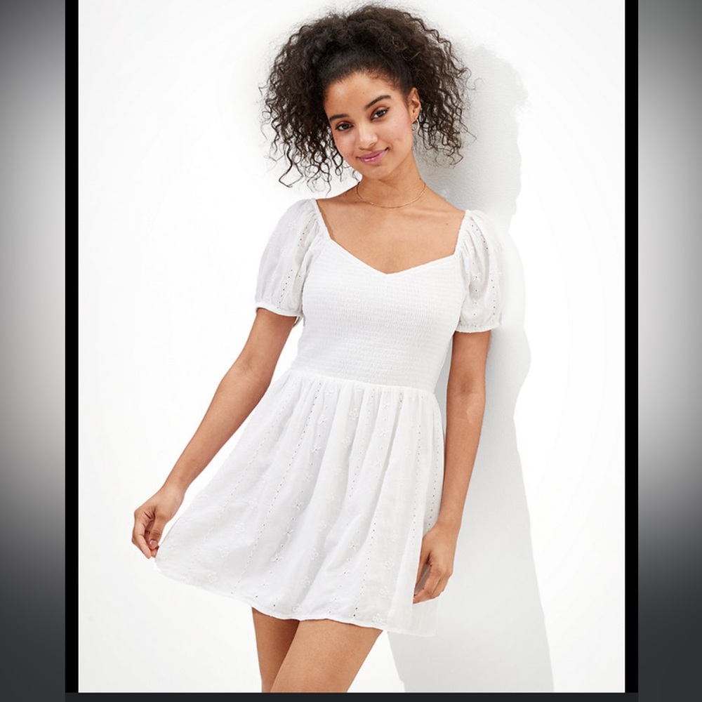 AE Solid Eyelet Puff-Sleeve Dress